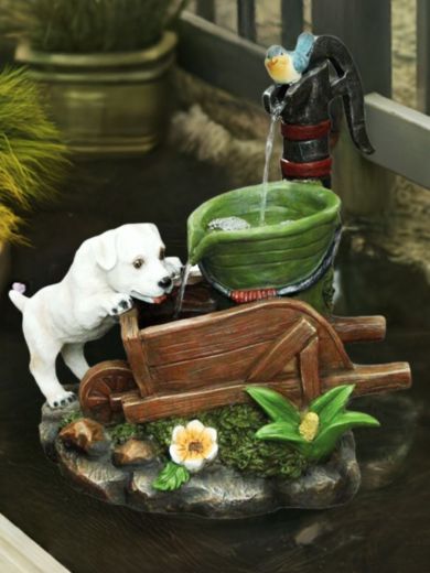 Solar Dog on Wheelbarrow Water Feature